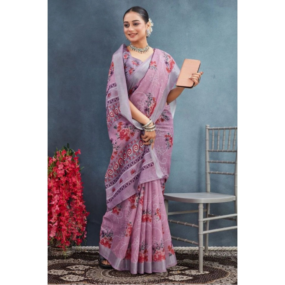 Women's Linen Floral Printed Saree With Unstitched Blouse 5.5Mtr (Purple)