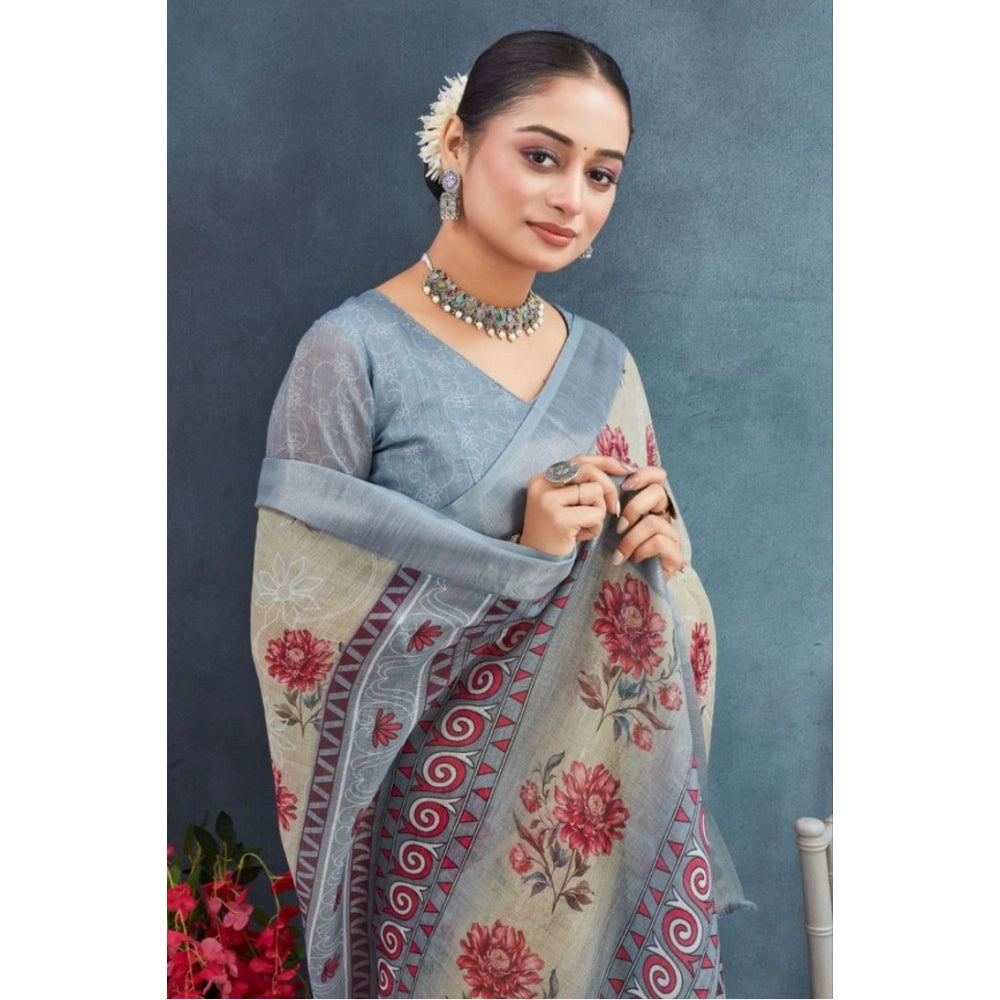 Women's Linen Floral Printed Saree With Unstitched Blouse 5.5Mtr (Beige)