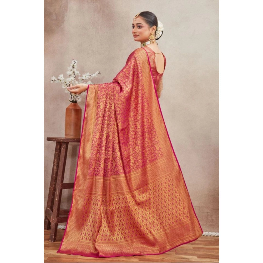 Women's Silk Blend Floral Printed Saree With Unstitched Blouse 5.5Mtr (Pink)