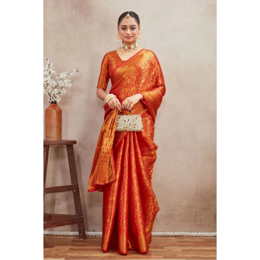 Women's Silk Blend Floral Printed Saree With Unstitched Blouse 5.5Mtr (Red)