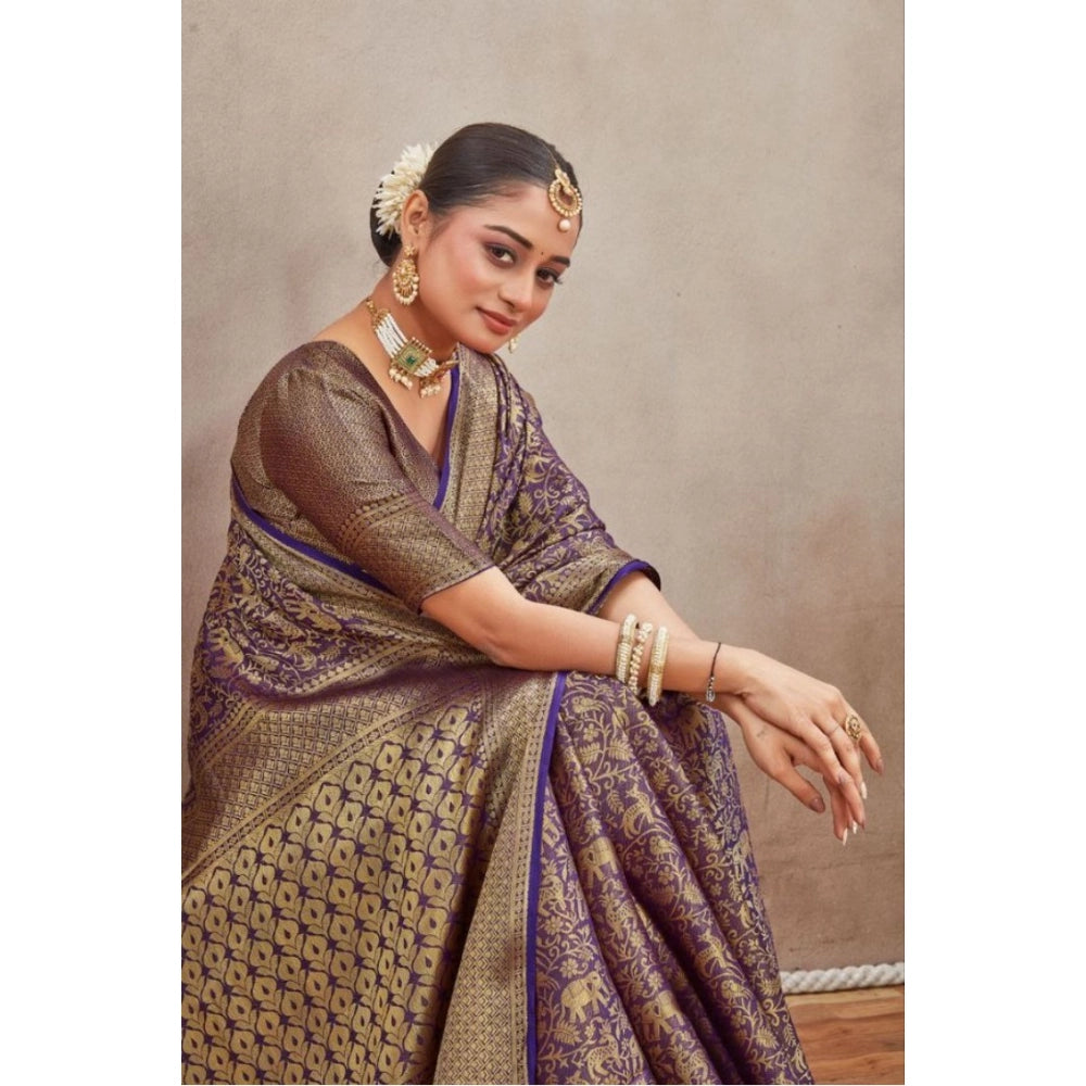 Women's Silk Blend Floral Printed Saree With Unstitched Blouse 5.5Mtr (Navy Blue)