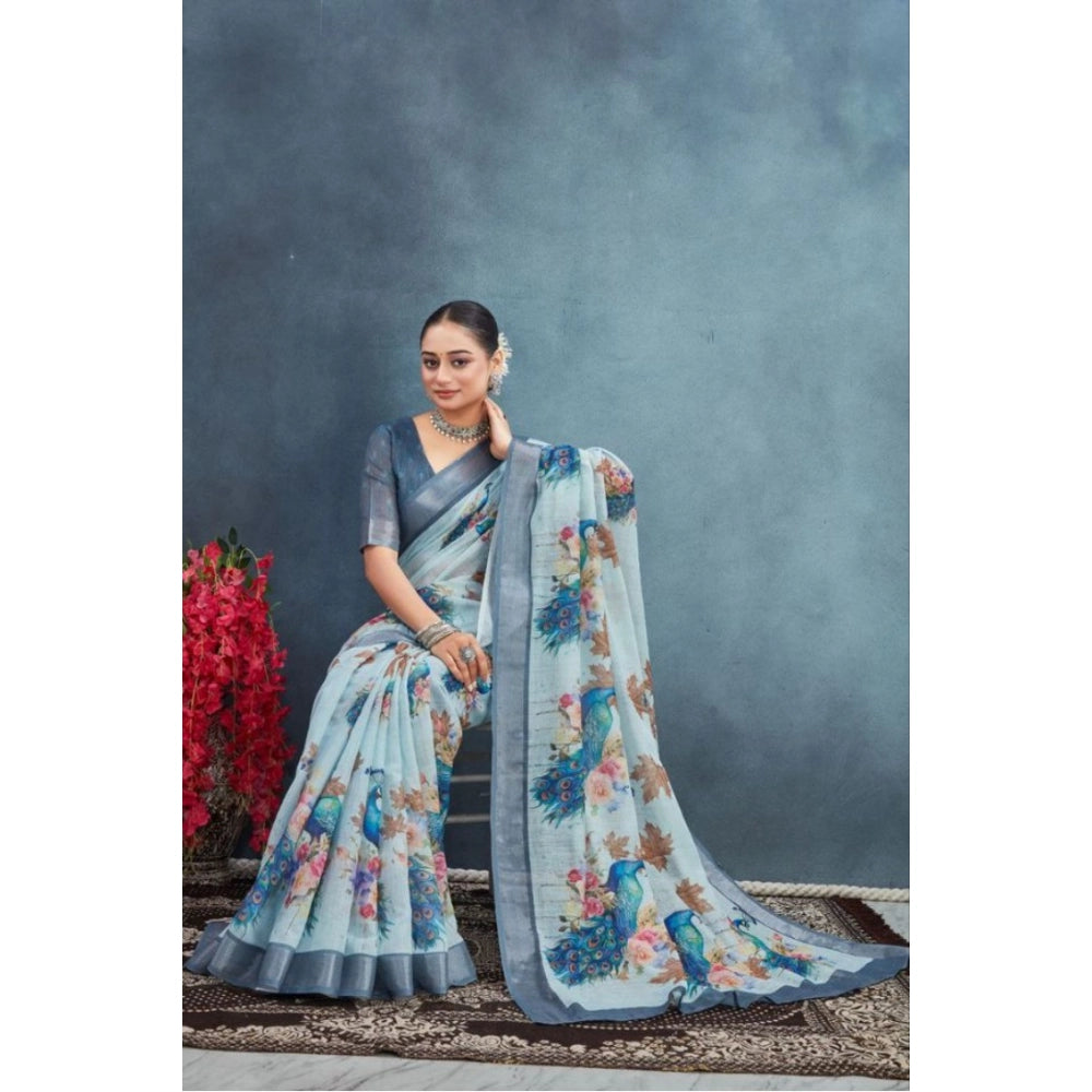 Women's Linen Floral Printed Saree With Unstitched Blouse 5.5Mtr (Grey)