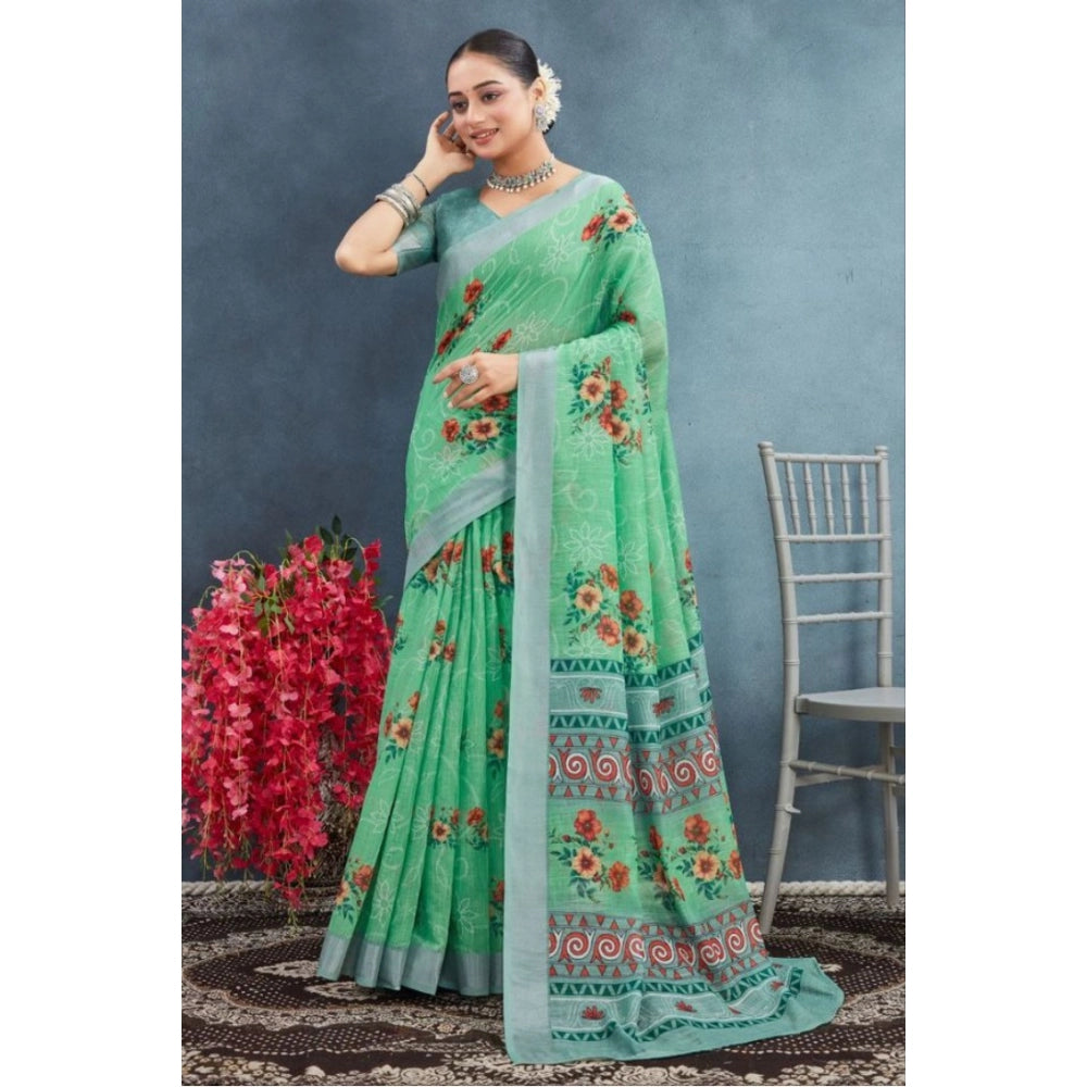 Women's Linen Floral Printed Saree With Unstitched Blouse 5.5Mtr (Green)