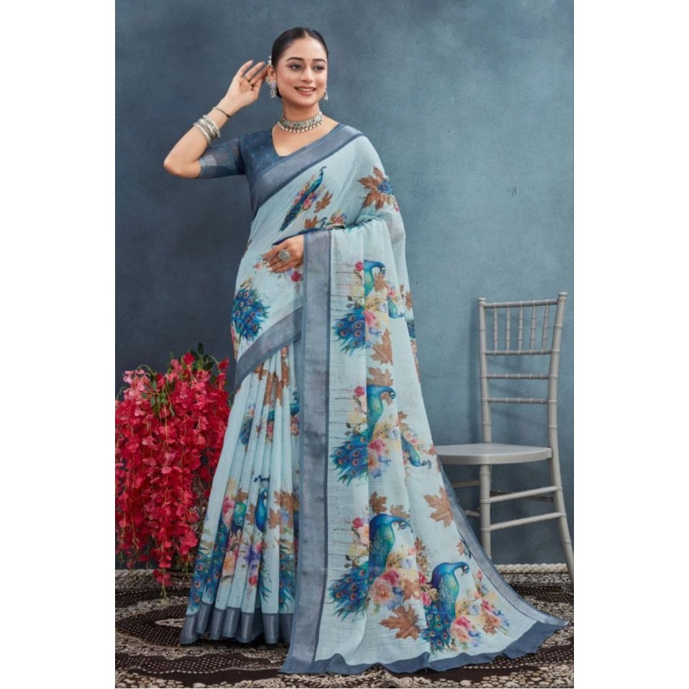 Women's Linen Floral Printed Saree With Unstitched Blouse 5.5Mtr (Grey)