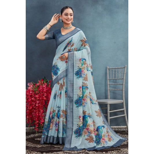 Women's Linen Floral Printed Saree With Unstitched Blouse 5.5Mtr (Grey)