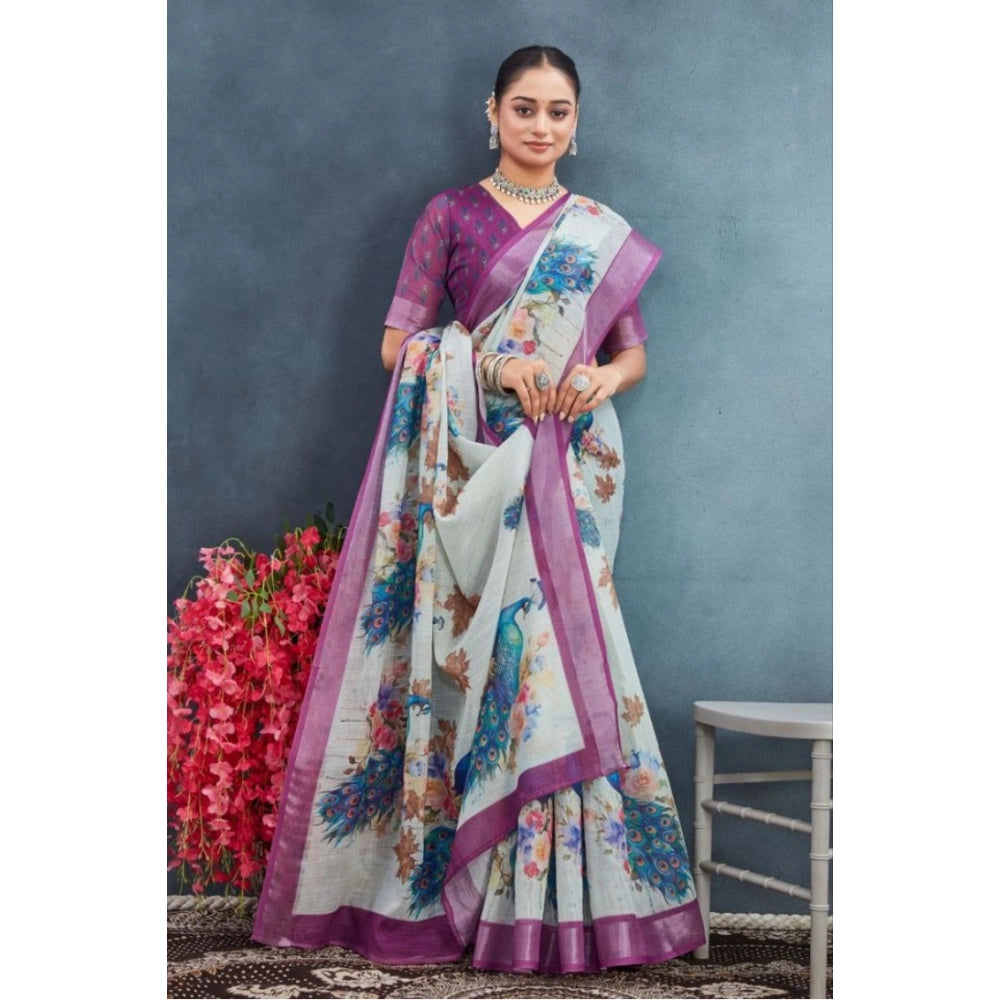 Women's Linen Floral Printed Saree With Unstitched Blouse 5.5Mtr (Magenta)