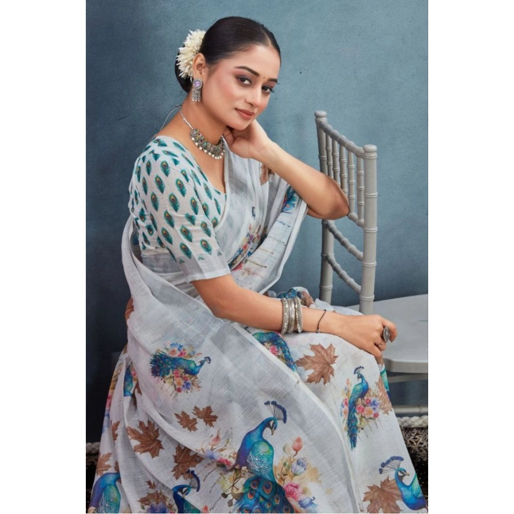 Women's Linen Floral Printed Saree With Unstitched Blouse 5.5Mtr (Off-White)