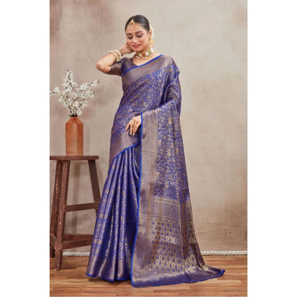 Women's Silk Blend Floral Printed Saree With Unstitched Blouse 5.5Mtr (Royal Blue)