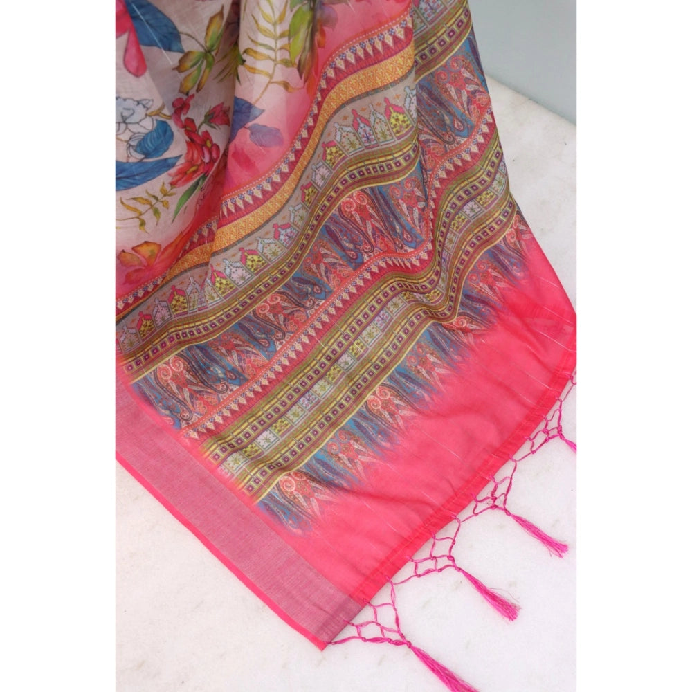 Women's Linen Digital Print Saree With Unstitched Blouse 5.5Mtr (pink)