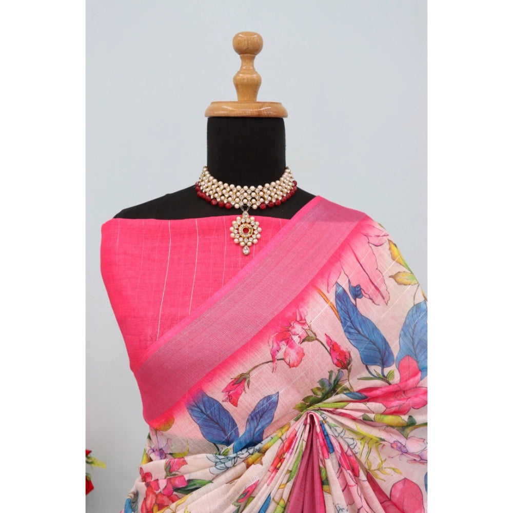 Women's Linen Digital Print Saree With Unstitched Blouse 5.5Mtr (pink)
