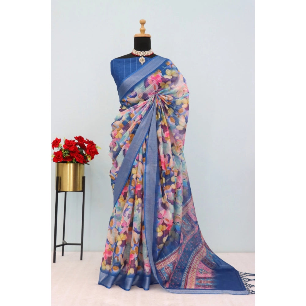Women's Linen Digital Print Saree With Unstitched Blouse 5.5Mtr (Blue)