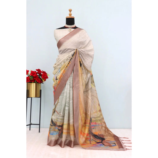 Women's Linen Digital Print Saree With Unstitched Blouse 5.5Mtr (Multicolor)