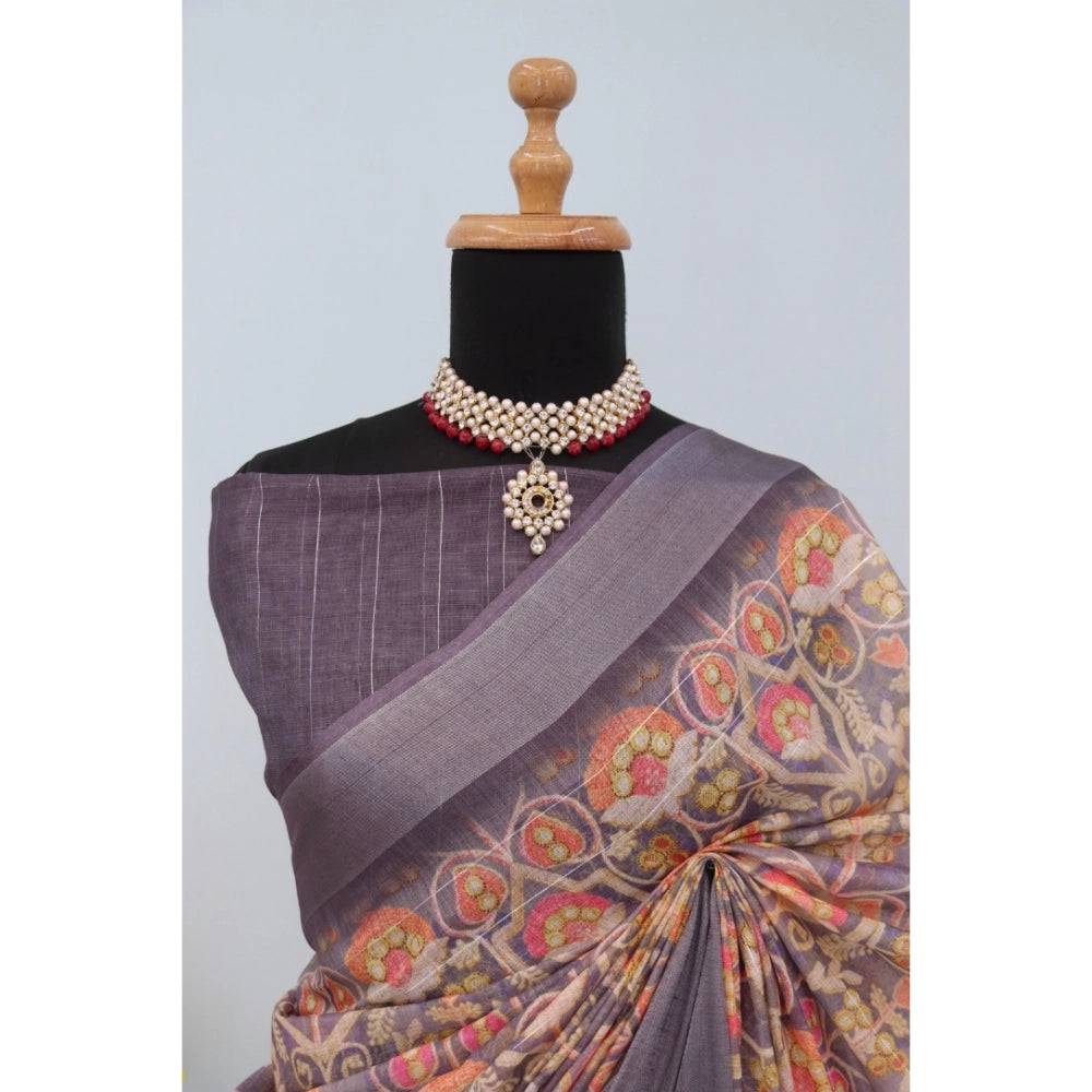 Women's Linen Digital Print Saree With Unstitched Blouse 5.5Mtr (Grey)