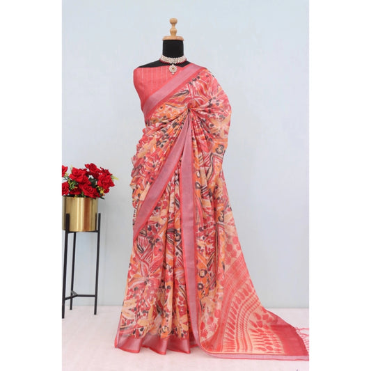 Women's Linen Digital Print Saree With Unstitched Blouse 5.5Mtr (Pink)