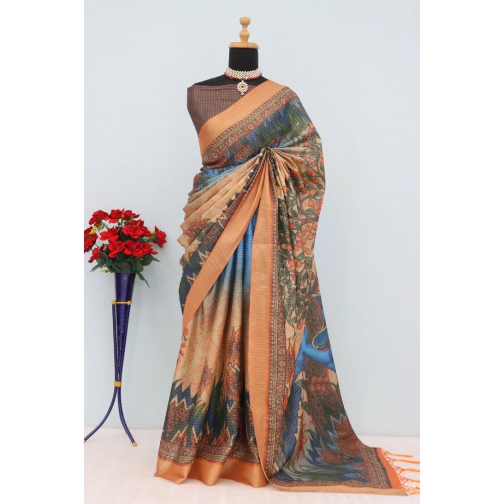 Women's Mysore Silk  Digital Print Saree With Unstitched Blouse 5.5Mtr (Multicolor)