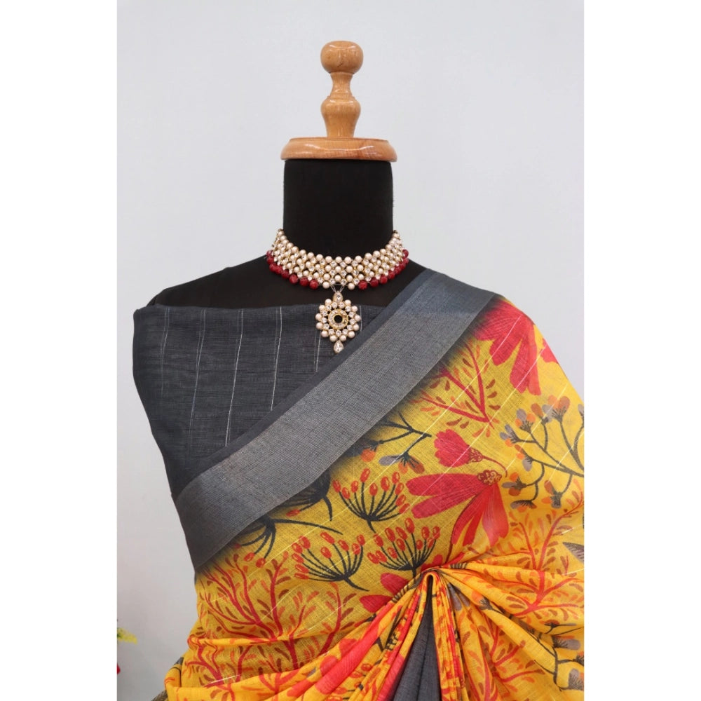Women's Linen Digital Print Saree With Unstitched Blouse 5.5Mtr (Multicolor)
