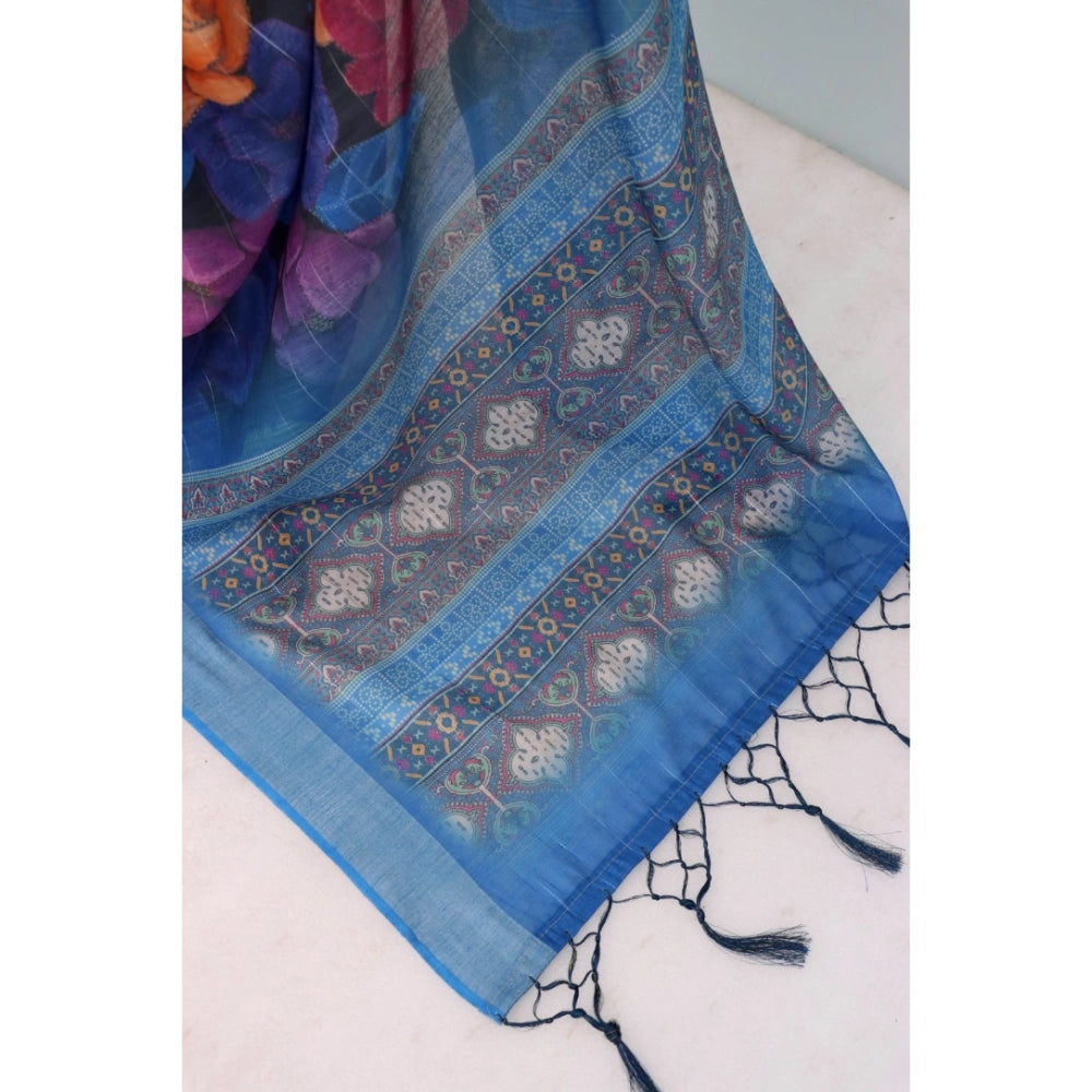 Women's Linen Digital Print Saree With Unstitched Blouse 5.5Mtr (Blue)