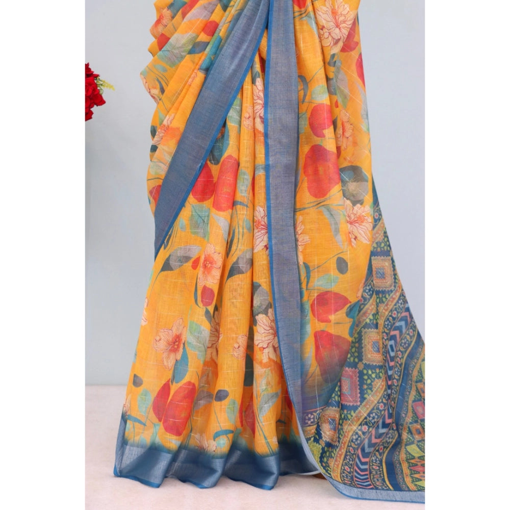 Women's Linen Digital Print Saree With Unstitched Blouse 5.5Mtr (Yellow)