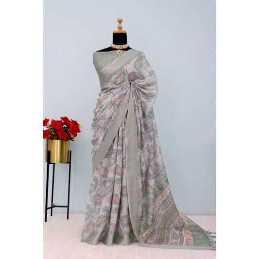 Women's Linen Digital Print Saree With Unstitched Blouse 5.5Mtr (Grey)