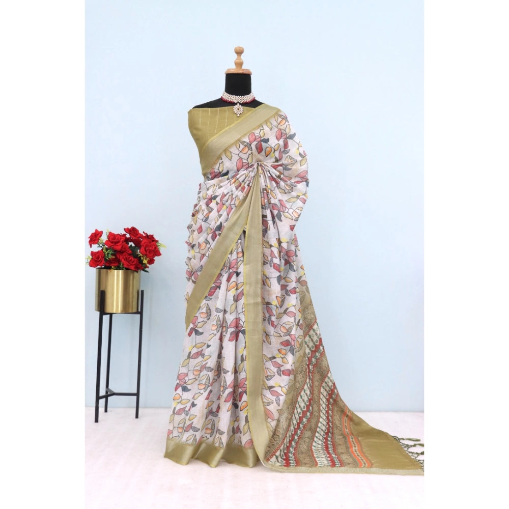 Women's Linen Digital Print Saree With Unstitched Blouse 5.5Mtr (Beige)