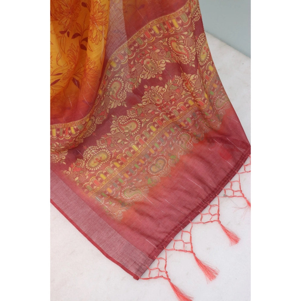 Women's Linen Digital Print Saree With Unstitched Blouse 5.5Mtr (Mustard)
