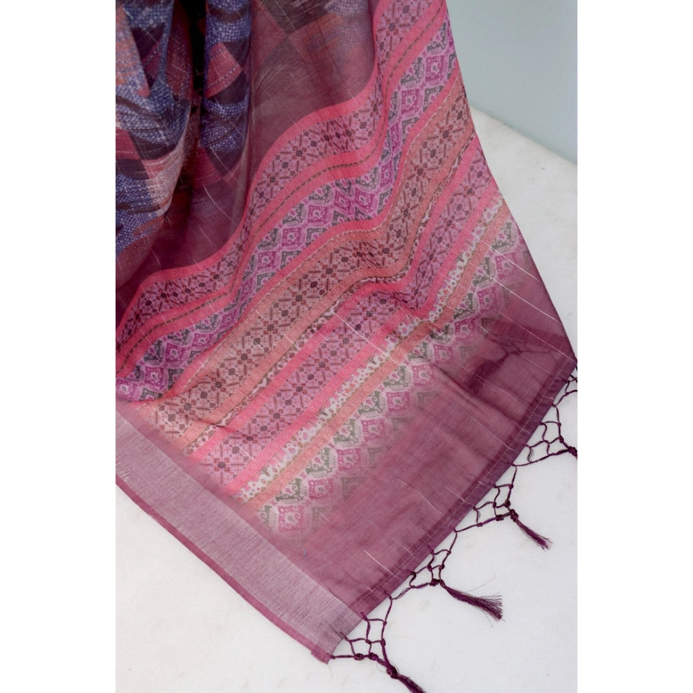 Women's Linen Digital Print Saree With Unstitched Blouse 5.5Mtr (Pink)