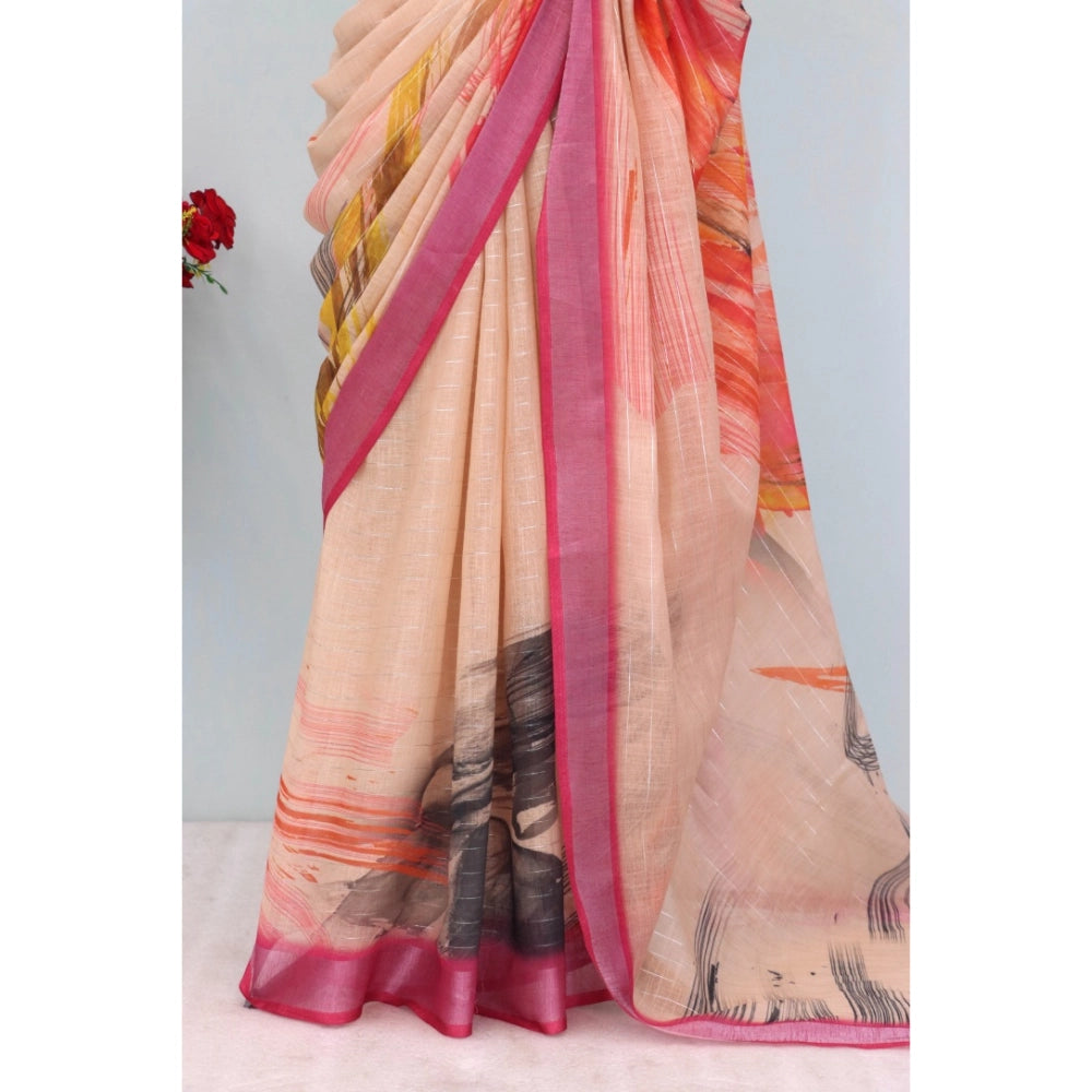 Women's Linen Digital Print Saree With Unstitched Blouse 5.5Mtr (Multicolor)