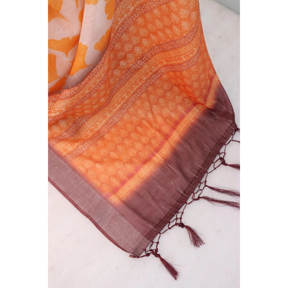 Women's Linen Digital Print Saree With Unstitched Blouse 5.5Mtr (Orange)