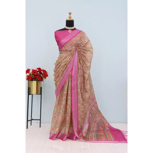 Women's Linen Digital Print Saree With Unstitched Blouse 5.5Mtr (Pink)