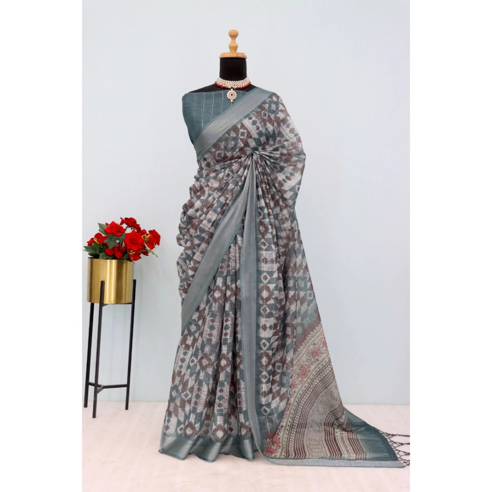 Women's Linen Digital Print Saree With Unstitched Blouse 5.5Mtr (Grey)