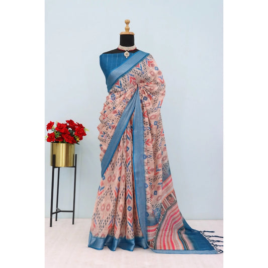 Women's Linen Digital Print Saree With Unstitched Blouse 5.5Mtr (Multicolor)