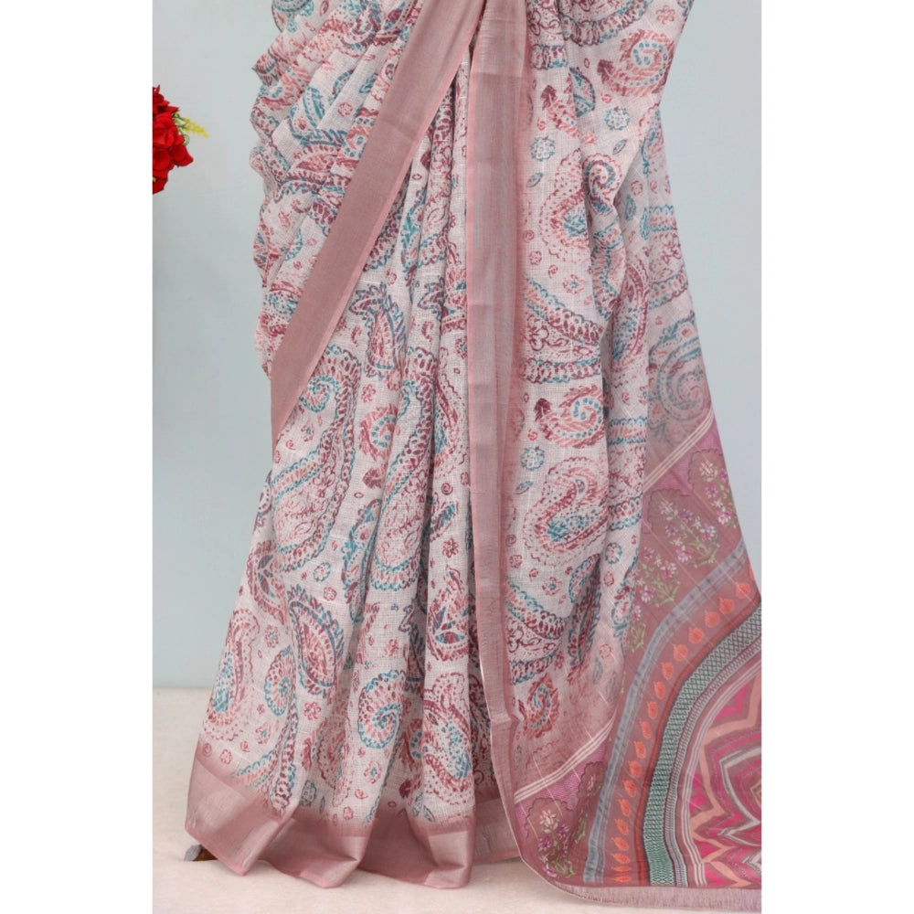 Women's Linen Digital Print Saree With Unstitched Blouse 5.5Mtr (Brown)