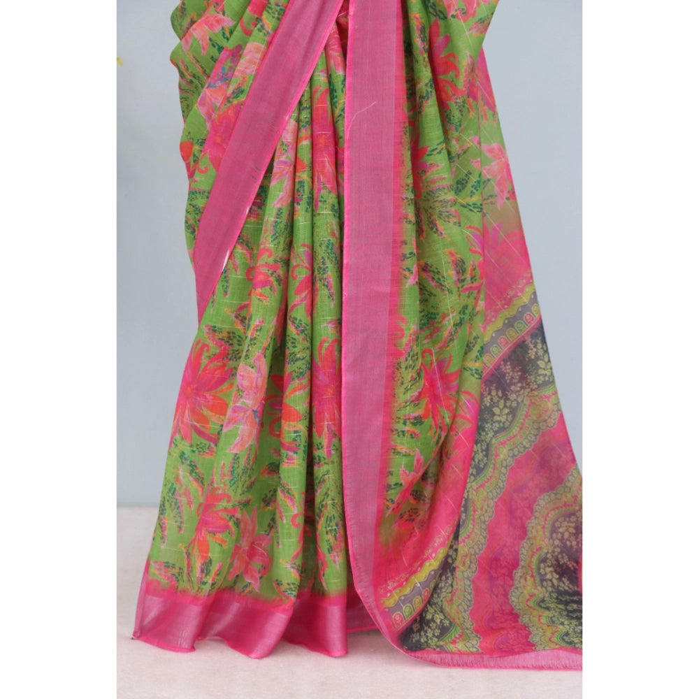 Women's Linen Digital Print Saree With Unstitched Blouse 5.5Mtr (Green)