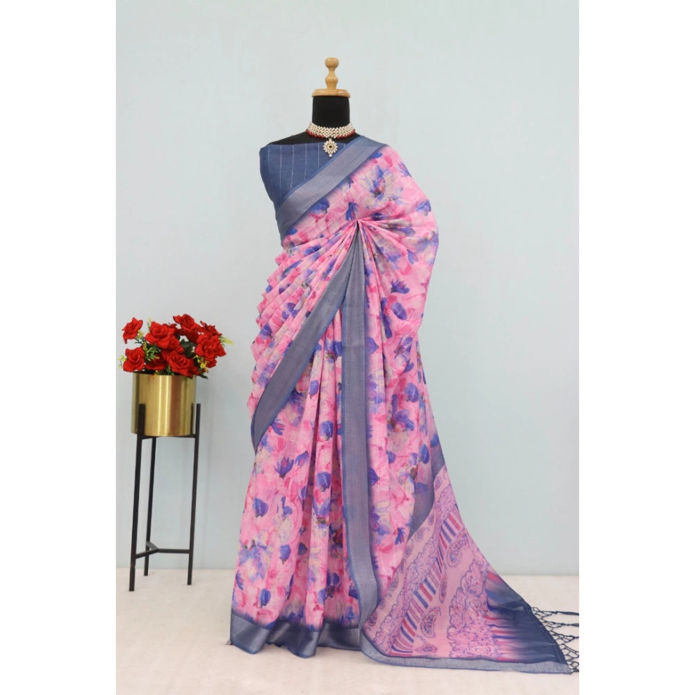 Women's Linen Digital Print Saree With Unstitched Blouse 5.5Mtr (Multicolor)