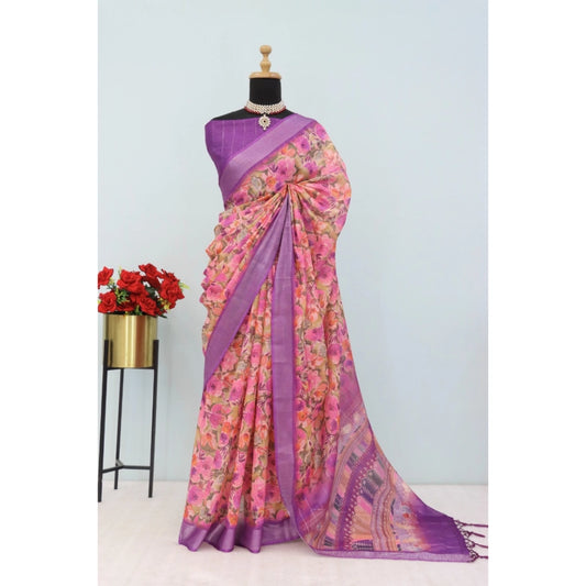 Women's Linen Digital Print Saree With Unstitched Blouse 5.5Mtr (Purple)