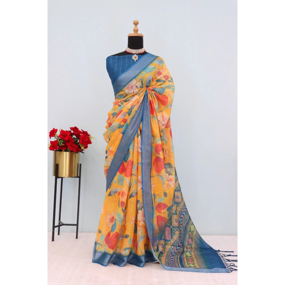 Women's Linen Digital Print Saree With Unstitched Blouse 5.5Mtr (Yellow)