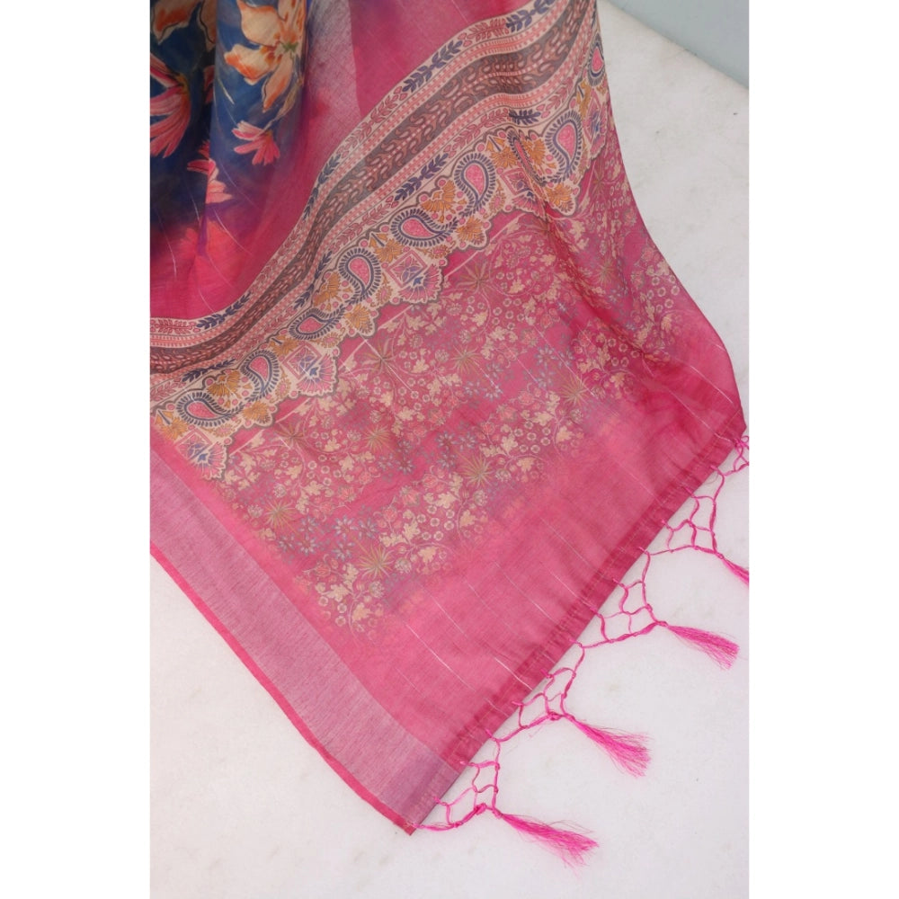 Women's Linen Digital Print Saree With Unstitched Blouse 5.5Mtr (Blue)