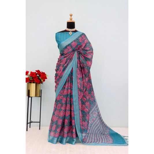 Women's Linen Digital Print Saree With Unstitched Blouse 5.5Mtr (Blue)