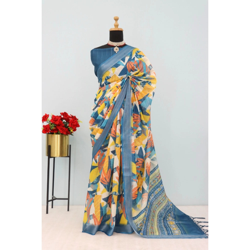 Women's Linen Digital Print Saree With Unstitched Blouse 5.5Mtr (Multicolor)