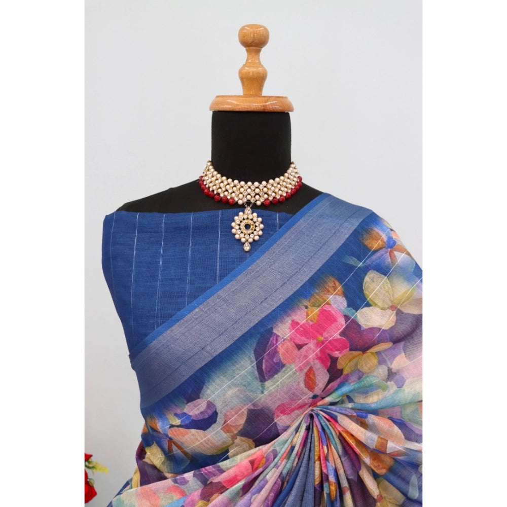 Women's Linen Digital Print Saree With Unstitched Blouse 5.5Mtr (Blue)