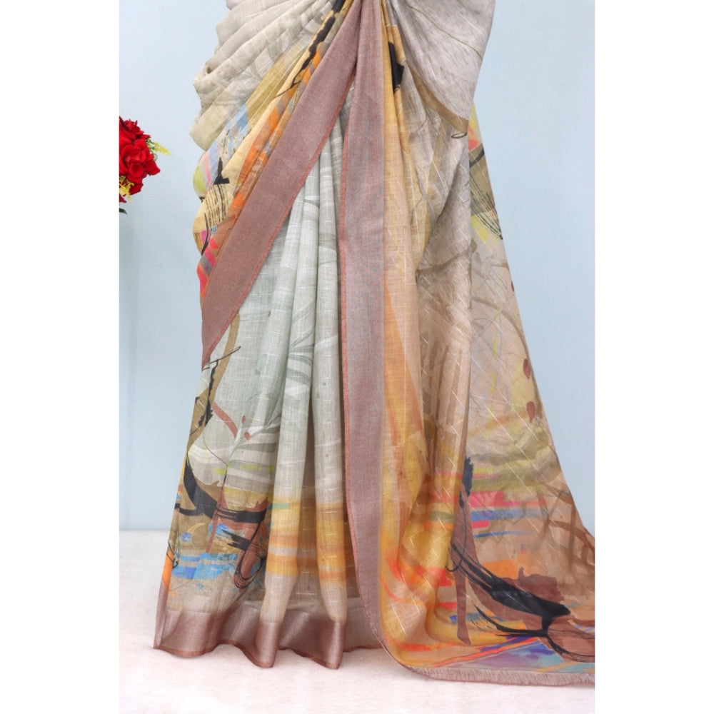 Women's Linen Digital Print Saree With Unstitched Blouse 5.5Mtr (Multicolor)
