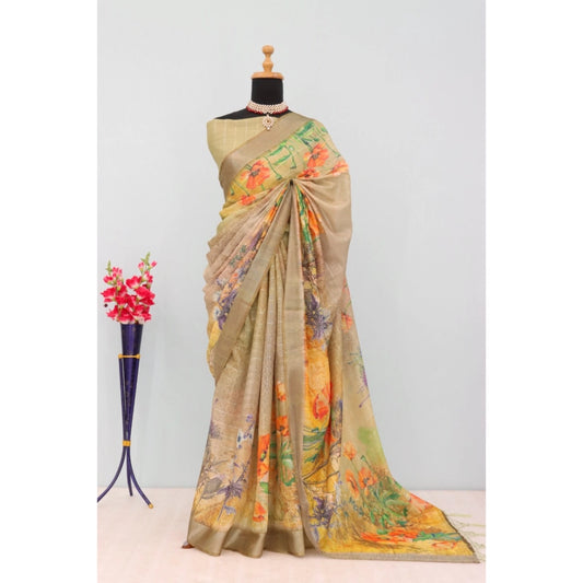 Women's Linen Digital Print Saree With Unstitched Blouse 5.5Mtr (Multicolor)