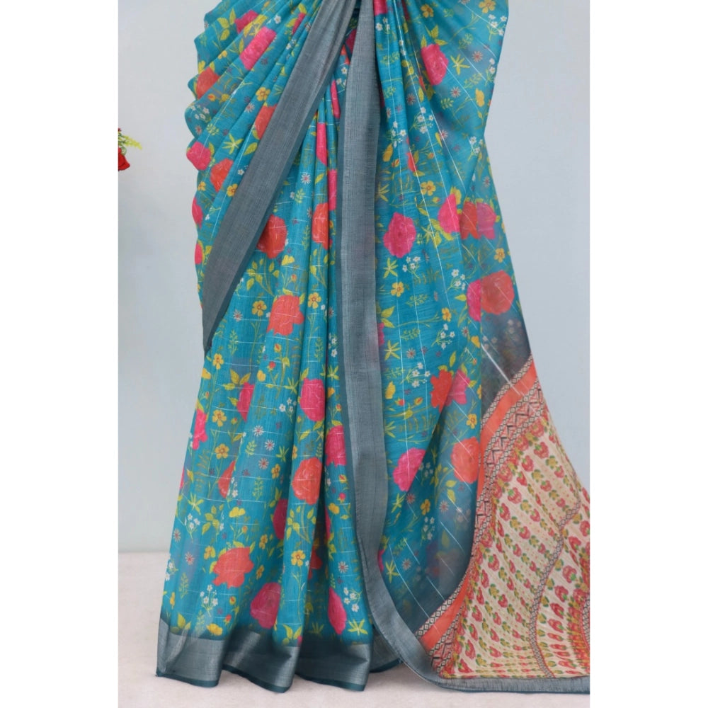 Women's Linen Digital Print Saree With Unstitched Blouse 5.5Mtr (Green)