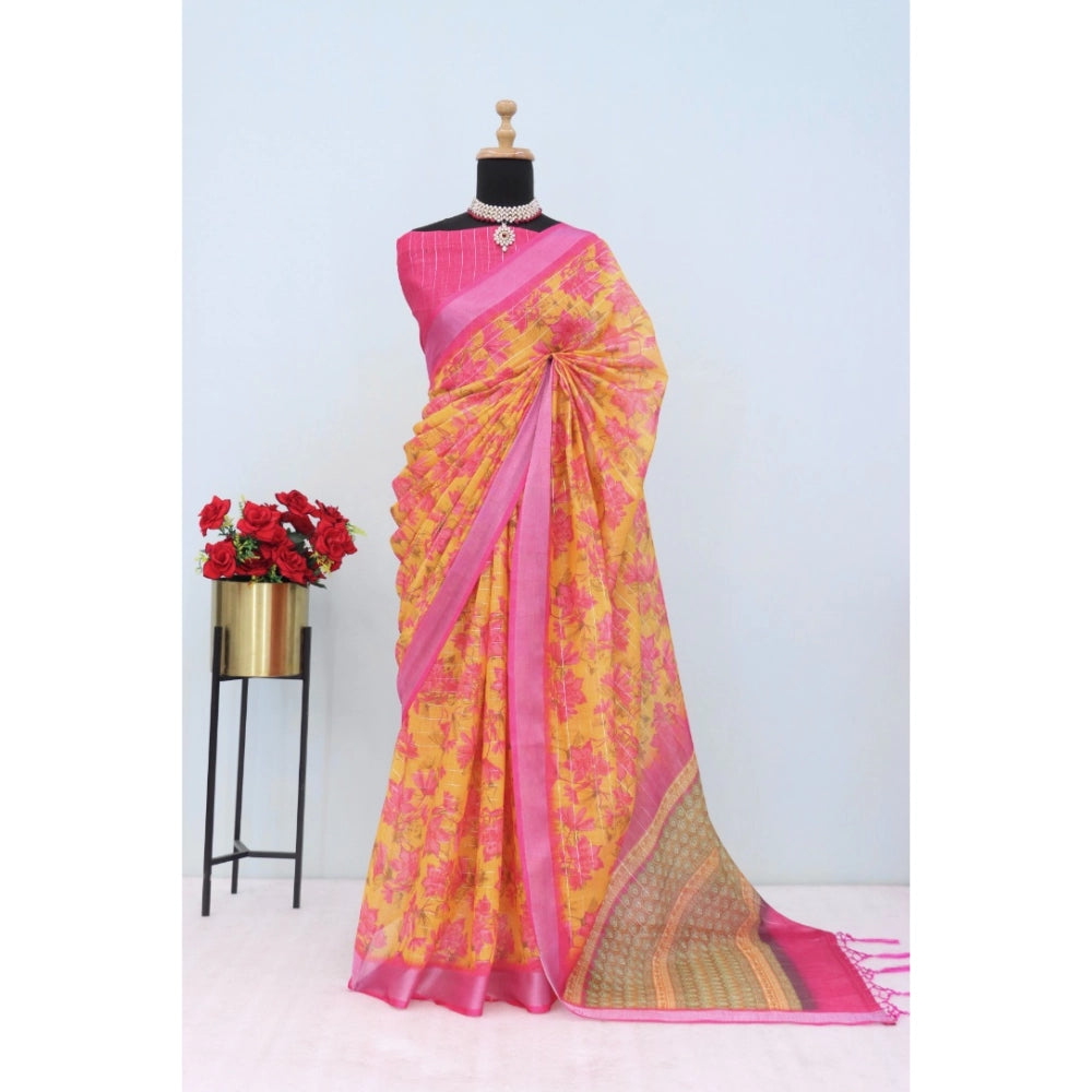 Women's Linen Digital Print Saree With Unstitched Blouse 5.5Mtr (Yellow)