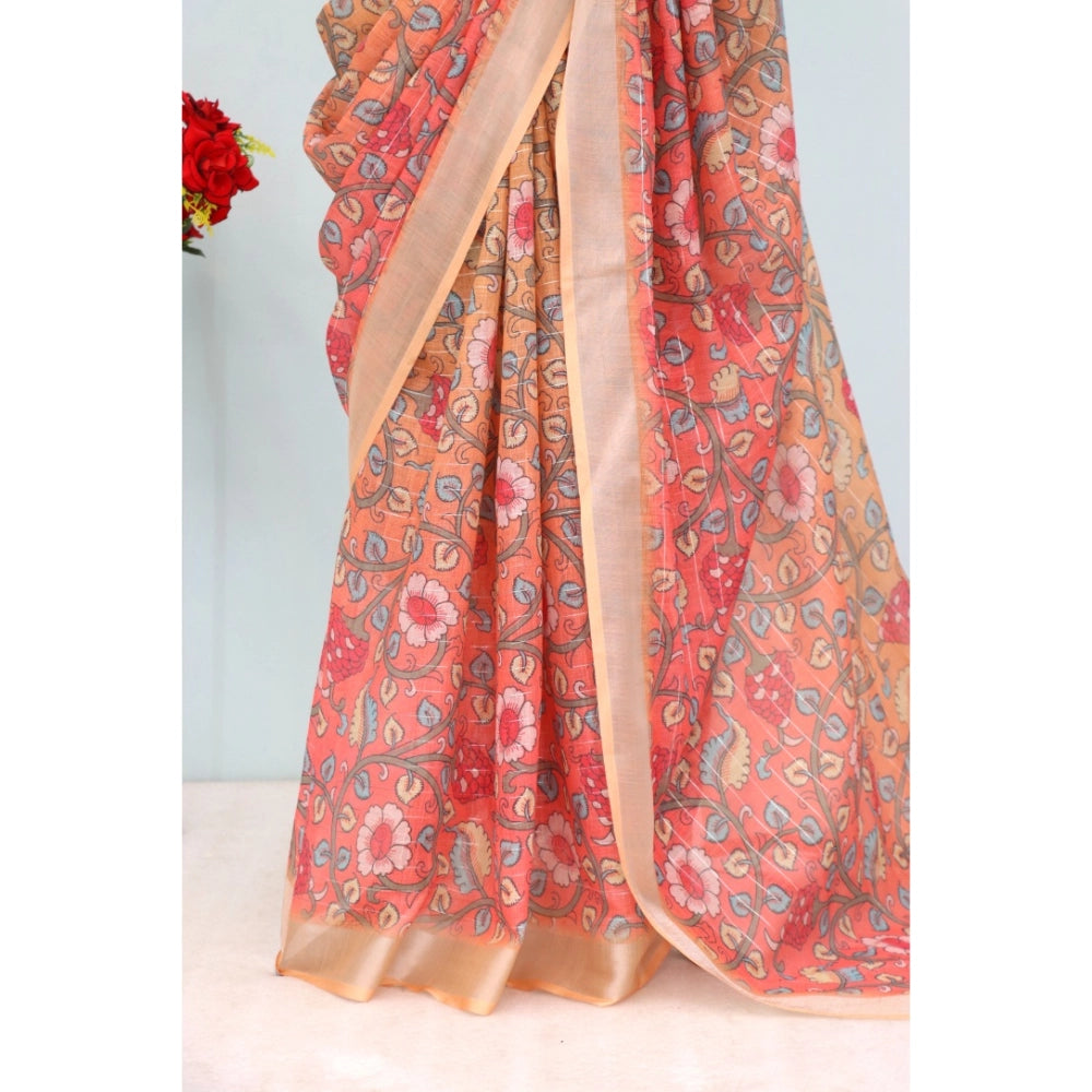 Women's Linen Digital Print Saree With Unstitched Blouse 5.5Mtr (Orange)