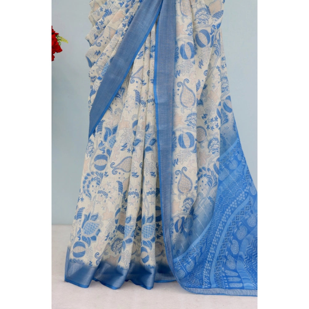 Women's Linen Digital Print Saree With Unstitched Blouse 5.5Mtr (Blue)