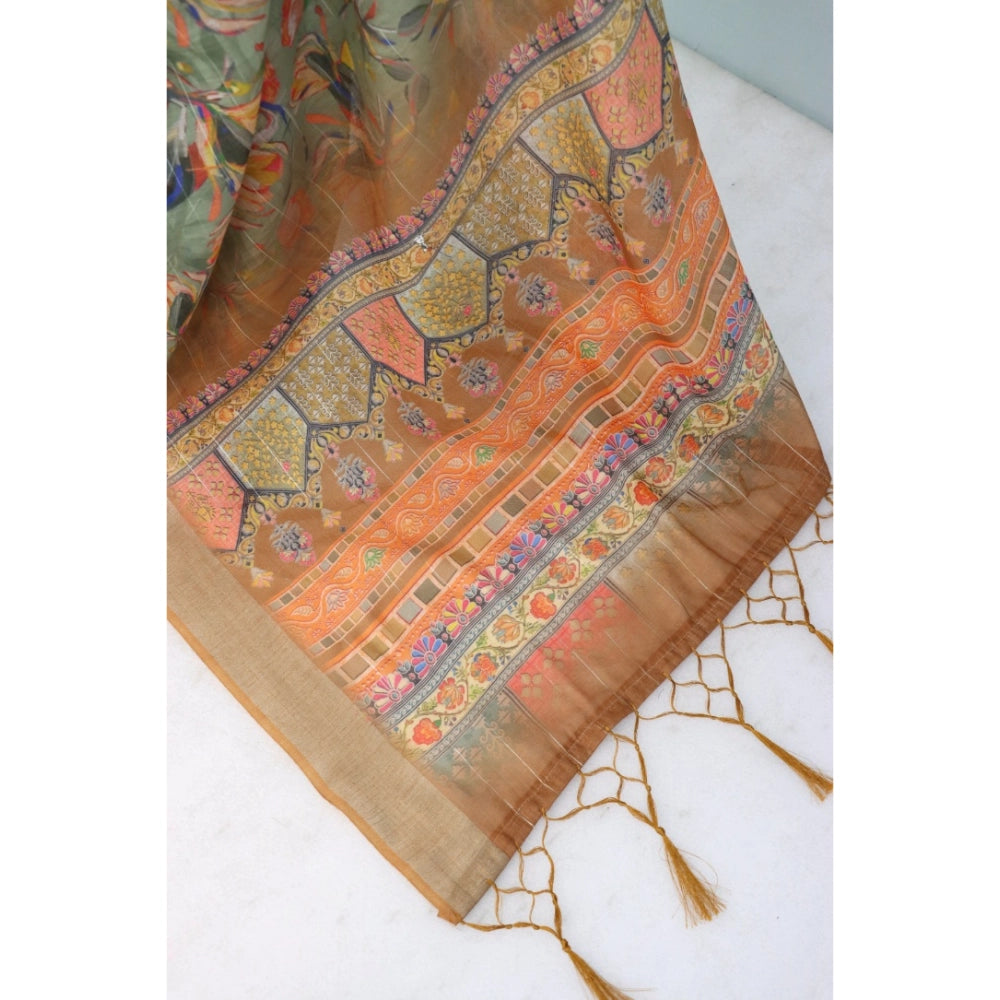 Women's Linen Digital Print Saree With Unstitched Blouse 5.5Mtr (Beige)