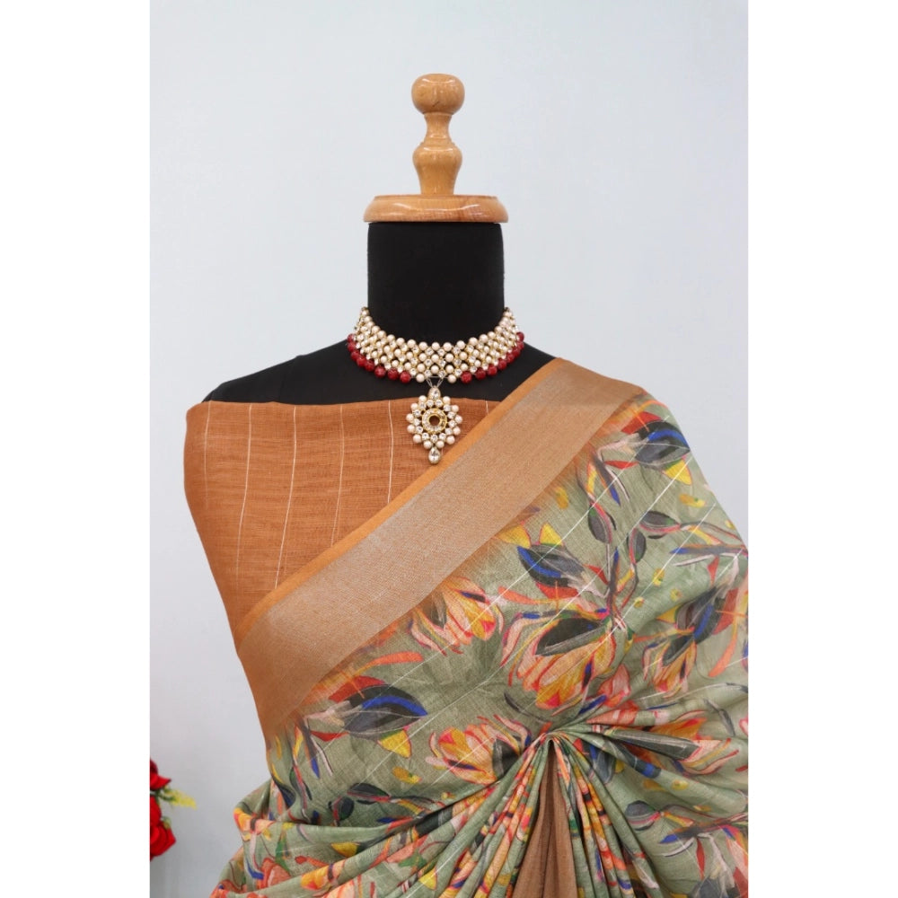 Women's Linen Digital Print Saree With Unstitched Blouse 5.5Mtr (Beige)