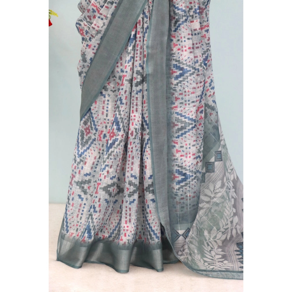 Women's Linen Digital Print Saree With Unstitched Blouse 5.5Mtr (Grey)