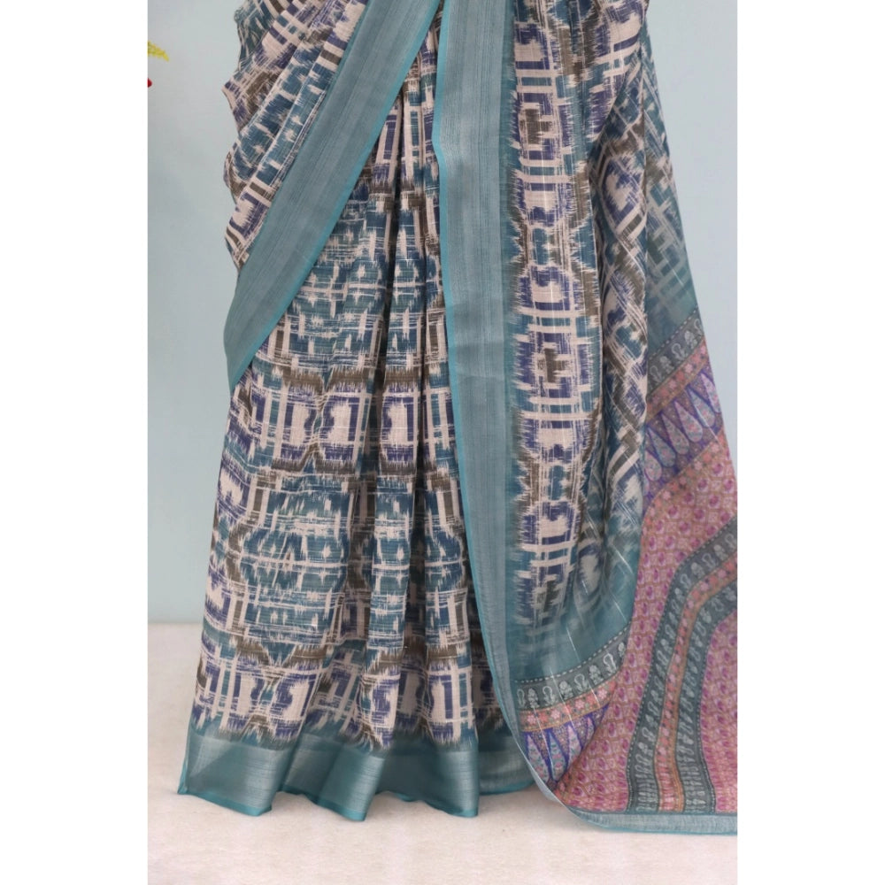 Women's Linen Digital Print Saree With Unstitched Blouse 5.5Mtr (Green)